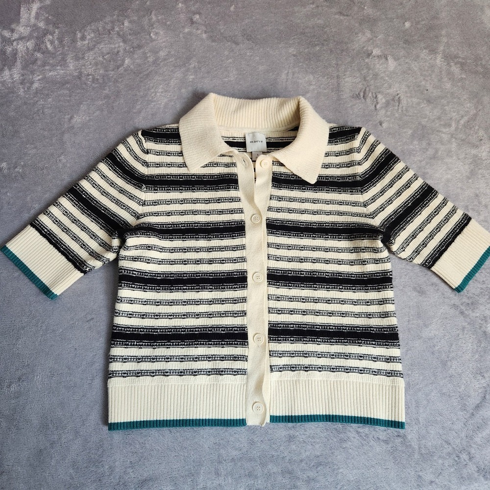 Maeve Anthropologie Striped Short Sleeve Knit Cardigan Polo Sweater Small Teal S